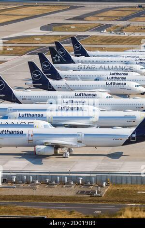 Berlin, 19. August 2020: Gelagerte Lufthansa Flugzeuge Coronavirus Corona Virus COVID-19 am Flughafen Berlin Brandenburg BER Stockfoto