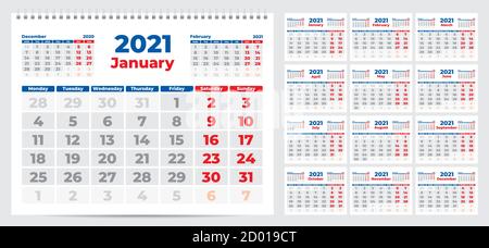 Kalender 2021. Woche ab Montag. Set von 12 Monaten. Bereit zum Drucken. Vektorgrafik Stock Vektor