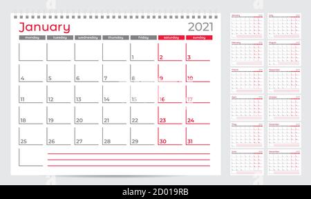 Kalenderplaner Vorlage 2021. Woche ab Montag. Set von 12 Monaten. Bereit zum Drucken. Vektorgrafik Stock Vektor