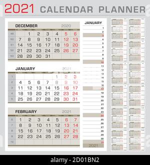 Kalenderplaner Vorlage 2021. Woche ab Montag. 3-Monats-Kalender auf Seite, mit dem rechten Streifen-Kalender des aktuellen Monats. Bereit zum Drucken. Ve Stock Vektor