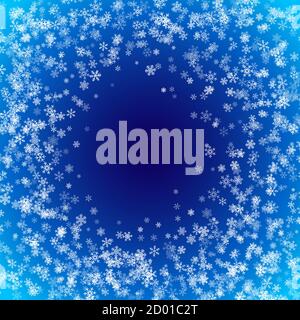 Weihnachten leuchtend blauer Hintergrund mit Schneeflocken. Winter-Vektor-Muster mit weißen transparenten Schneeflocken auf blauem Hintergrund für Banner, Poster Stock Vektor