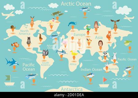 Tiere, Karte der Welt. Weltkarte für Kinder. Tierposter. Kontinent Tiere, Meeresleben. Südamerika, Eurasien, Nordamerika, Afrika Stock Vektor