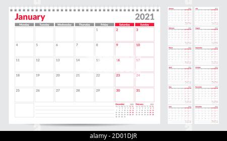 Kalenderplaner Vorlage 2021. Woche ab Montag. Set von 12 Monaten. Bereit zum Drucken. Vektorgrafik Stock Vektor