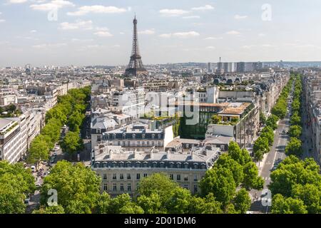 Blick über Paris von der Spitze des Arc de Triomphe. Die Avenue d'Iéna verläuft auf der linken Seite und die Avenue Kléber auf der rechten Seite des Bildes. Stockfoto