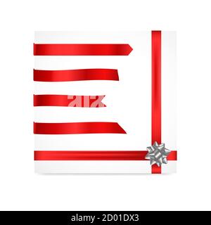 Vector rote Bänder Set. Set von schönen festlichen Seidenbändern und silberne Schleife für die Verpackung. Dekoration für Werbung, Promotion, Party, Verkauf Stock Vektor