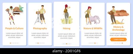 Exploration Onboarding mobile App Bildschirm Vektor-Vorlage. Geschichte und Kultur. Entdeckung, Forschung. Rundgang durch die Website Schritte mit flachen Zeichen. UX Stock Vektor