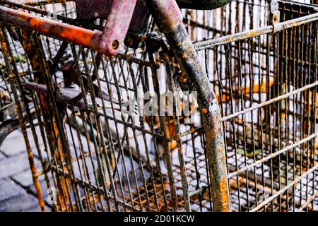 Rosting Old Food Supermarkt Trolley aus EINEM Fluss gefischt, ohne Menschen Stockfoto