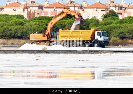 Huelva, Spanien - 1. Oktober 2020: Bagger lädt Salz in einen LKW im Naturschutzgebiet Marismas del Odiel. Traditionelle Meersalzproduktion ist Salz, das Stockfoto