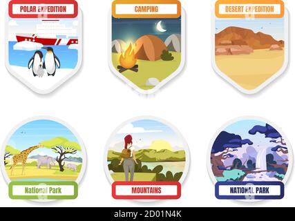 Expedition flache Farbe Vektor Abzeichen Set. Nationalpark. Antarktis, Südpol. Camping und Wandern. Trekking auf den Bergen. Extragrafiken Stock Vektor