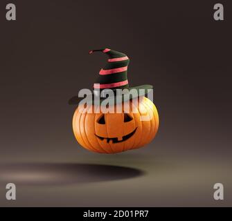 Halloween Kürbis Kopf mit Hut lächelnd fröhlich auf braunem Hintergrund. 3D-Rendering. Stockfoto