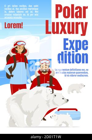 Polar Luxus Expedition Magazin Cover-Vorlage. Reise in die Antarktis. Journal Modell Design. Vektorseitenlayout mit flachen Zeichen. Erforschung Stock Vektor