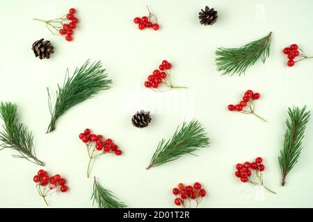 Der Jahreshintergrund aus rotem Viburnum, Zapfen und Tannenzweigen ist zufällig auf hellgrünem Hintergrund angeordnet. Stockfoto