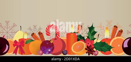 vector Weihnachtsbordüre. Traditionelle Grußkarte Grenze mit Orange Stock Vektor