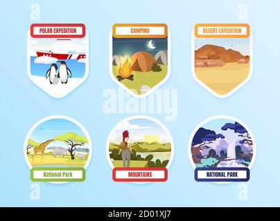 Expedition flache Farbe Vektor Abzeichen auf blauem Hintergrund gesetzt. Nationalpark. Nordpol. Camping und Wandern. Trekking auf Hügeln. Extragrafiken Stock Vektor