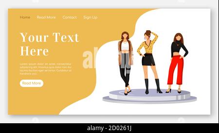 Landebahn Modelle sieht Landing Page flache Farbe Vektor Vorlage. Mode Designer Kleidung Homepage Layout. Trendige Outfits eine Seite Website-Schnittstelle mit Stock Vektor