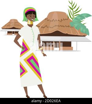 Afrikanische native flache Farbe Vektor Illustration. Nigerianische Frau in ethnischer Kleidung und Schmuck. Aborigen mit Stammeshäusern. Frau der Farbe isoliert Stock Vektor