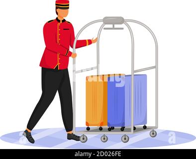 Bellman flache Farbe Vektor Illustration. Hotelangestellter, der Gepäck befördert. Portier in Uniform. Servicepersonal mit Gepäckwagen und Koffern isoliert Stock Vektor