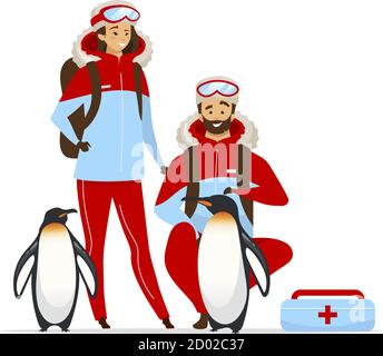 Arctic Tier Rettung flache Farbe Vektor Illustration. Weibliche und männliche Tierärzte. Kaiserpinguin Familie medizinische Hilfe. Menschen und Tiere isoliert Stock Vektor