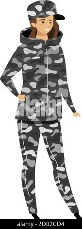 Weibliche Soldat flache Farbe Vektor Illustration. Person in Camouflage Oberbekleidung. Frau im militärischen Stil Uniform. Survival-Kleidungsstück. Expeditionierer Stock Vektor