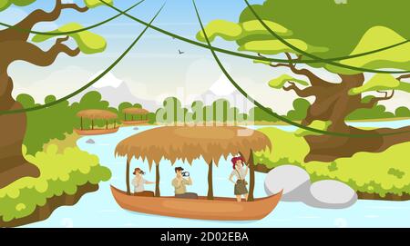 Tourist im Boot flache Vektor-Illustration. Gruppe auf Reise im Schiff. Segeln auf dem Flusslauf. Regenwaldlandschaft. Mediterraner Wald mit Stock Vektor