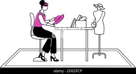 Modedesigner in Atelier flache Kontur Vektor Illustration. Nähen, Reparieren Hut im Studio isoliert Cartoon skizzieren Charakter auf weißem Hintergrund Stock Vektor