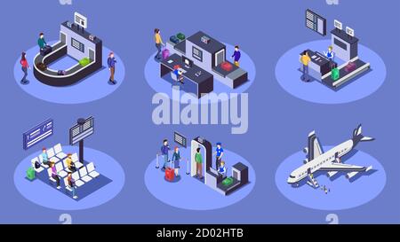 Flughafen isometrische Farbe Vektor Illustrationen Set. Reisende, die das 3D-Konzept der Fluggesellschaften nutzen, isoliert auf blauem Hintergrund. Check-in-Schalter Stock Vektor