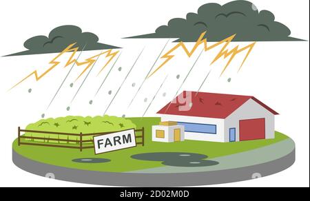 Gewitter auf Bauernhof Cartoon Vektor Illustration. Donner und Blitz. Starker Regen und Hagel. Extreme Wetterbedingungen. Unheil. Flache Farbe natürlich Stock Vektor