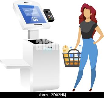 Frau mit Geschäft Terminal flache Farbe Vektor gesichtslosen Charakter. Supermarkt Zahlungssystem isoliert Karikatur Illustration auf weißem Hintergrund. Selbst Stock Vektor