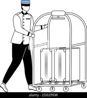 Vektor-Illustration für Porter flach. Hotelservice. Personal in Uniform, das Gepäck der Gäste trägt. Kofferträger. Gepäckträger mit Gepäckwagen. Portier Stock Vektor