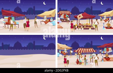 Nachtbasar flache Farbe Vektor Illustrationen Set. Istanbuler Straßenmarkt mit Souvenirs, Teppichen und exotischen Produkten. Touristen kaufen bei Eastern Stock Vektor