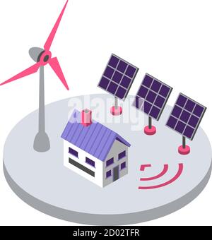 Isometrische Farbvektordarstellung für erneuerbare Energien. Umweltfreundliche Stromquelle. Smart Home Solarpanel und Windmühle drahtlose Fernbedienung 3d Stock Vektor