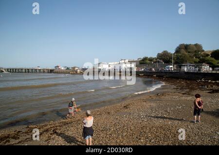 Swanage, Dorset, England, 17. September 2020, Hundebesitzer drängen sich auf einen kleinen mittleren Strandabschnitt, an dem Hunde erlaubt sind. Stockfoto