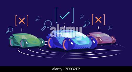 Übliche und fahrerlose Autos flache Farbe Vektor Illustration. Einfache und innovative selbstfahrende Fahrzeuge auf blauem Hintergrund. Futuristisch autonom Stock Vektor