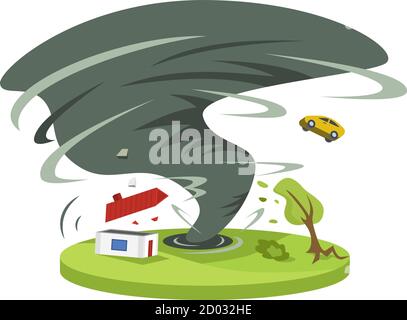 Hurrikan in Land Cartoon Vektor-Illustration. Tropischer Wirbelsturm. Gewitter. Heftiger Tornado zerstört Haus. Unheil. Zerstörung. Flach Stock Vektor