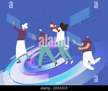 Set von Personen in Virtual-Reality-Brille mit Sprechblasen. Weibliche und männliche Charaktere mit vr-Headset. Verschiedene Menschen nutzen Zukunftstechnologie für Stock Vektor