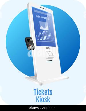 Tickets Kiosk flach Konzept Symbol. Cinema elektronische Terminal Aufkleber, Clipart. Unterhaltung Selbstbedienungsschalter isoliert Karikatur Illustration auf Stock Vektor