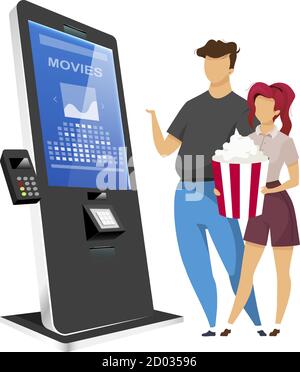 Paar kaufen Kinokarten flache Farbe Vektor gesichtslose Zeichen. Menschen in der Nähe Unterhaltung selbst bestellen Kiosk isoliert Cartoon Illustration auf weiß Stock Vektor
