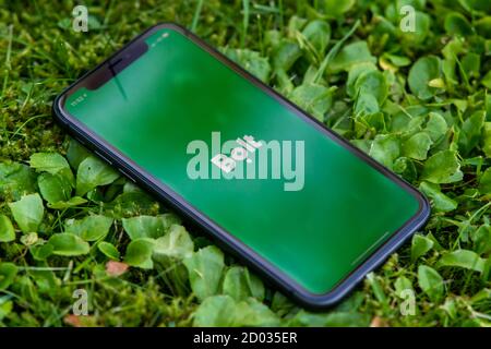 Tallinn / Estland - 28. September 2020: Schwarzes iphone mit Logo der Bolt-Anwendung auf dem Bildschirm. Grünes Gras Hintergrund. Kann als Veranschaulichung verwendet werden Stockfoto