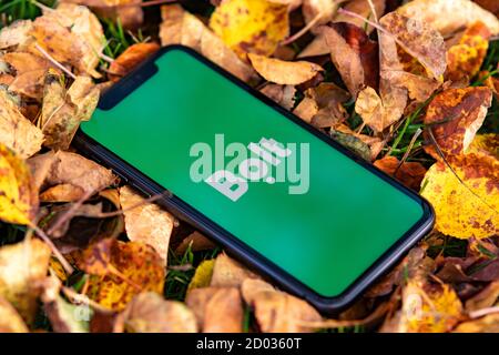 Tallinn / Estland - 28. September 2020: Schwarzes iphone mit Logo der Bolt-Anwendung auf dem Bildschirm. Falled verlässt den Hintergrund. Kann als illustrativ verwendet werden Stockfoto