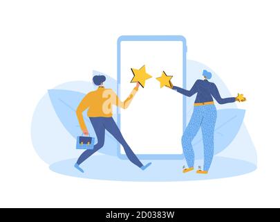 App Feedback Konzept. Kunde, der eine gute Note gibt. Zwei Charaktere stehen in der Nähe von riesigen Telefon und halten Sterne in den Händen. Service-Bewertung. Zufriedenheit Lev Stock Vektor