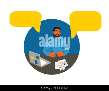 HR-Manager führen Online-Interviews mit Kandidaten. Bärtiger Mann mit Laptop, der eine entfernte Konferenz abhält. Personalbeschaffung. Vektorgrafik flach. Stock Vektor