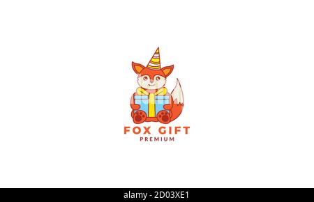 fuchs Lächeln niedlichen Cartoon mit Box Geschenk Geburtstag Logo Symbol vektorgrafik Stock Vektor