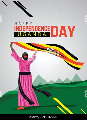 Uganda Mädchen winkt Flagge ihre Hände. 9. Oktober Happy Independence Day Feier Konzept. Kann als Poster oder Banner-Design verwendet werden. vektor-Illustration Stock Vektor