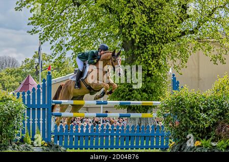 Clare Abbot Badminton Horse Trials Gloucester England UK Mai 2019. Clare Abbot Reitveranstaltung, die Irland beim Reiten des Euro Prince in der Badmint repräsentiert Stockfoto