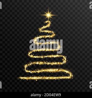 Weihnachtsbaum mit glühenden Glitter Gold Lichter und Sterne. Neujahrskarte. Luxuriöses Urlaubsdesign. Hintergrund der Feier. Leuchtendes goldenes Girlande-Licht Stock Vektor