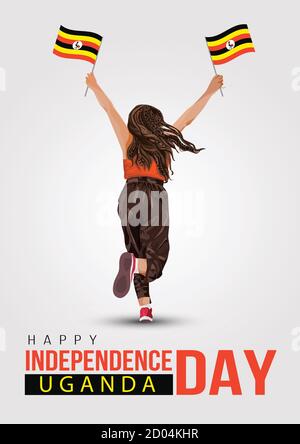 Uganda Happy Independence Day, 9. Oktober Poster, Banner, und verwenden weißen Hintergrund. Mädchen läuft mit Flagge. vektor-Illustration Stock Vektor