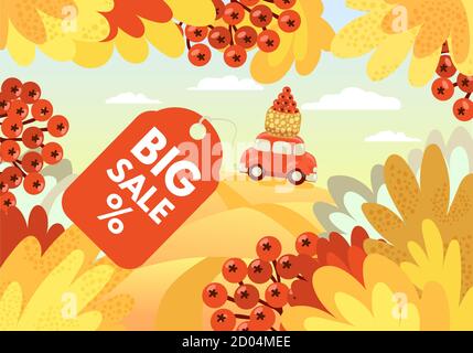 Herbstangebot. Herbst Landschaft Hintergrund Layout mit Blättern, Beeren und roten Auto zum Verkauf Poster oder Web-Banner. Vektorgrafik Vorlage. Stock Vektor