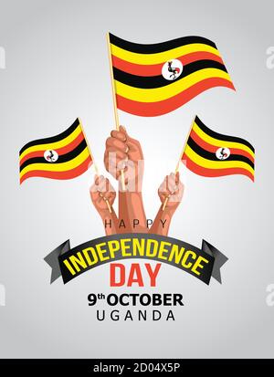 Uganda Flagge und Hand auf weißem Hintergrund. Happy Independence Day Uganda. vektor-Illustration Stock Vektor