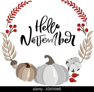 Hallo November Kranz Design-Vorlage mit orange, grau Kürbis. Vektor Halloween Illustration. Hintergrund der Feiertagsernte. Bio-Gemüsegarten Stock Vektor