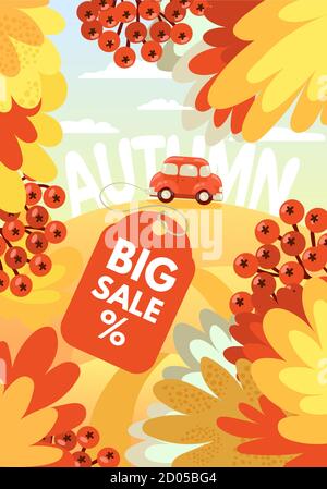 Herbstangebot. Herbst Landschaft Hintergrund Layout mit Blättern, Beeren und roten Auto zum Verkauf Poster oder Web-Banner. Vektorgrafik Vorlage. Stock Vektor